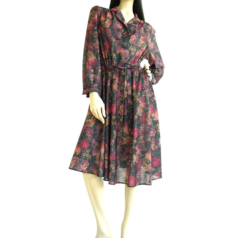 Vintage Dresses | Vintage 1970s California Looks Dark Floral Dress