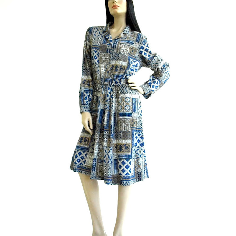 Vintage Dresses | Vintage 1980s Blue Tribal Print A Line Dress