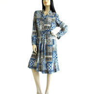 Vintage 1980s Blue Tribal Print A Line Dress