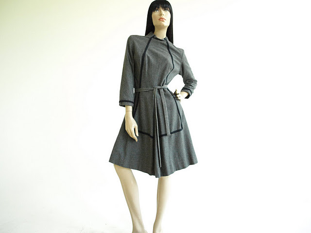 Vintage Dresses | Vintage 1960's Charcoal Wool A-Line Dress