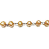 Sterling Silver Beaded Chain with Copper-Coloured Freshwater Pearls 8-9mm - per foot