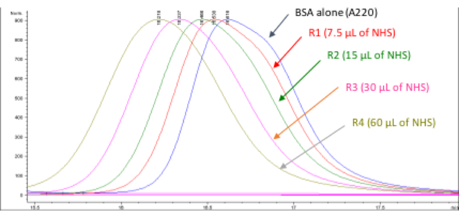 Fluorescein labeling of protein: Size-exclusion HPLC analysis of the purified fluorescein labeled BSA from Step D6 using various amounts of Fluorescein NHS ester. 