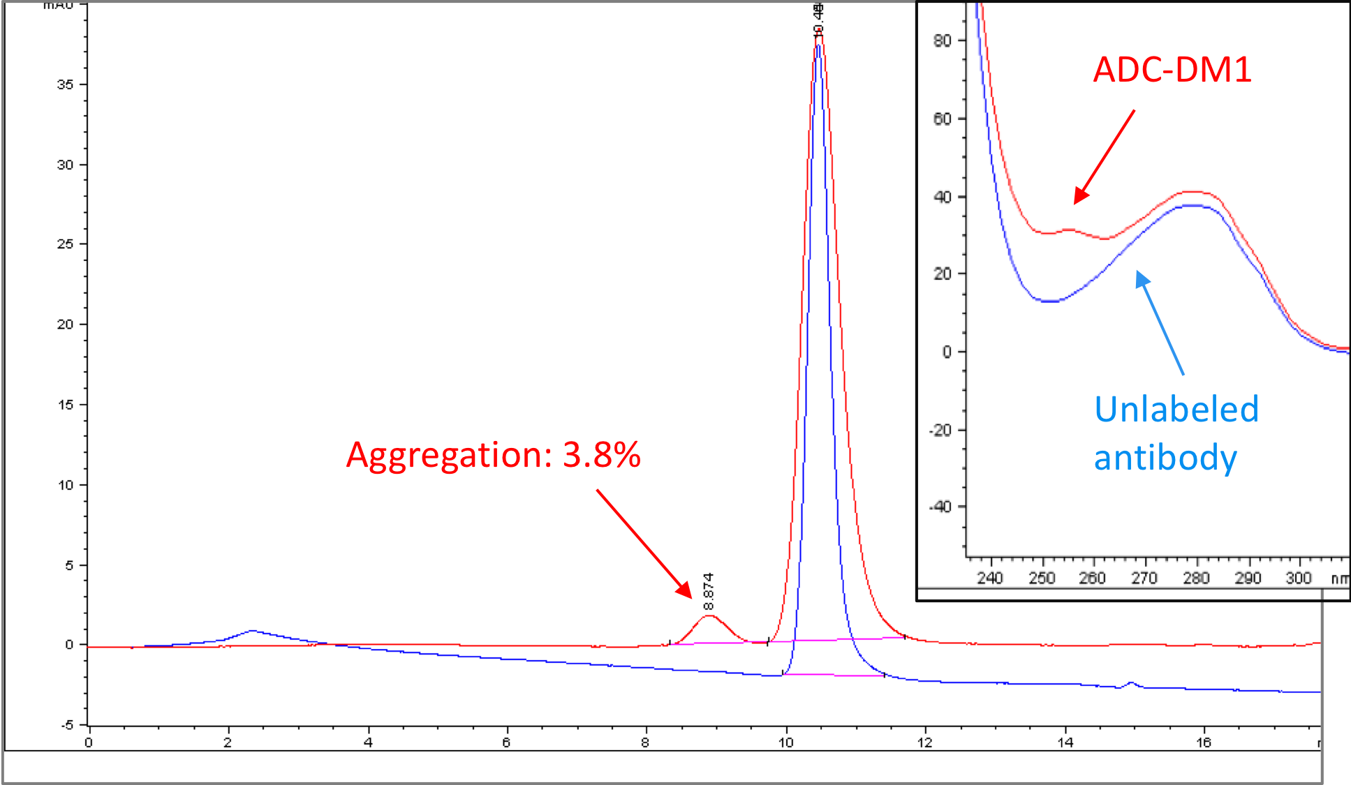 SEC HPLC analysis of unconjugated antibody and purified ADC-DM1 Overlayed with inset of UV/Vis spectra