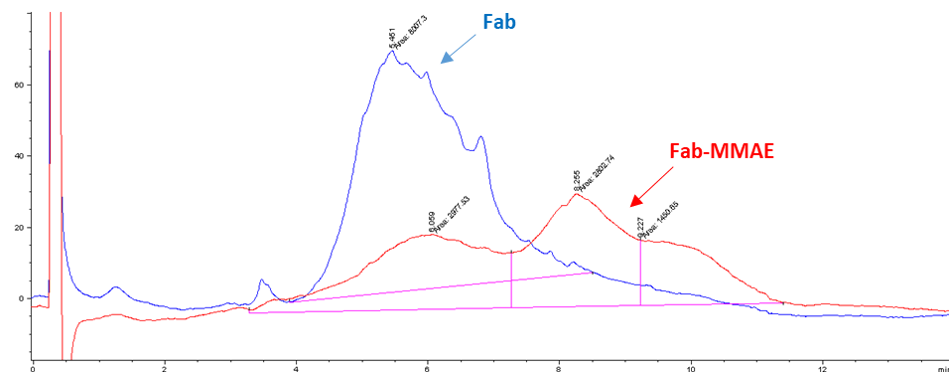HIC HPLC analysis of Fab (blue trace) and purified Fab-MMAE conjugates (red trace).