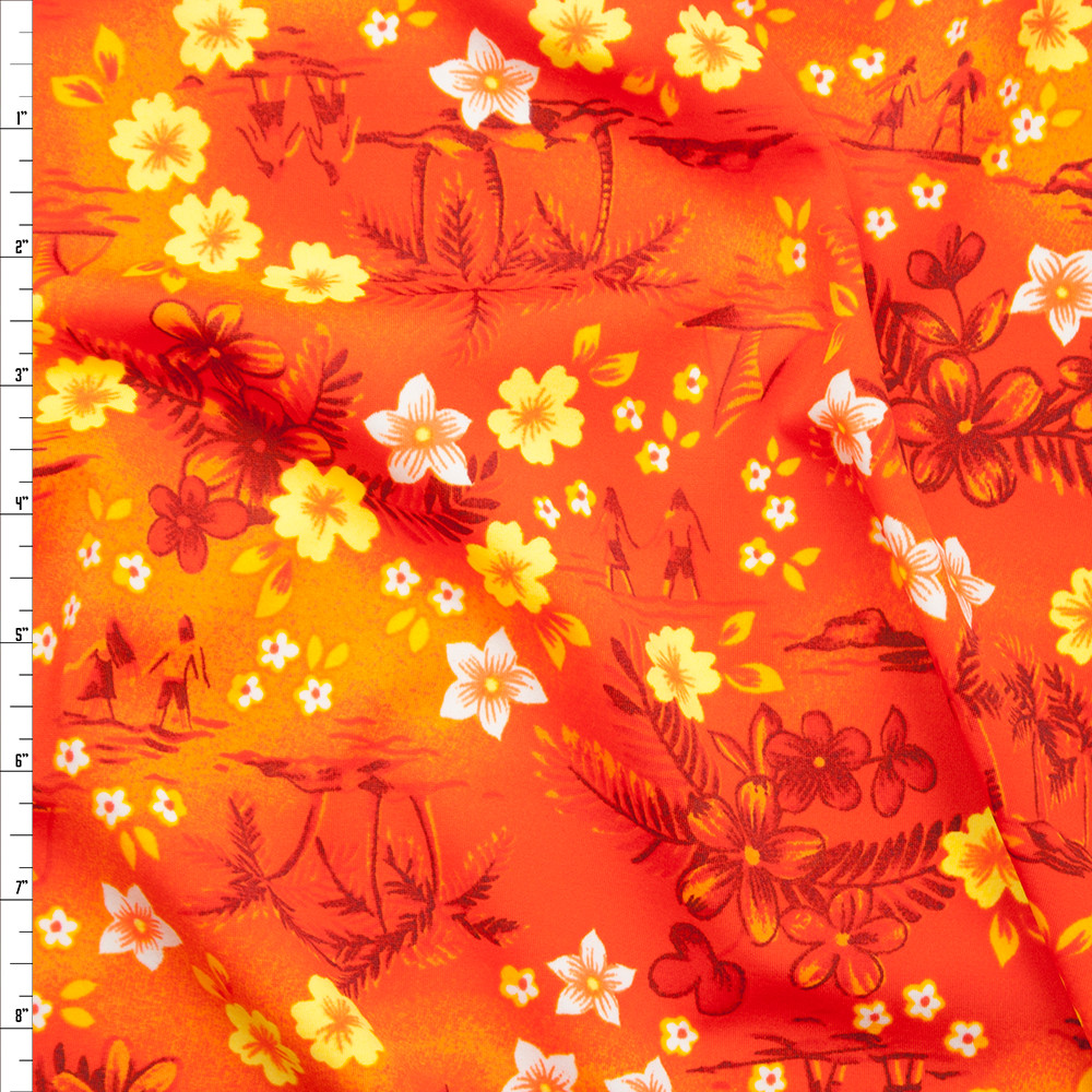 Cali Fabrics Bright Orange and Yellow Tropical Spandex Print Fabric by