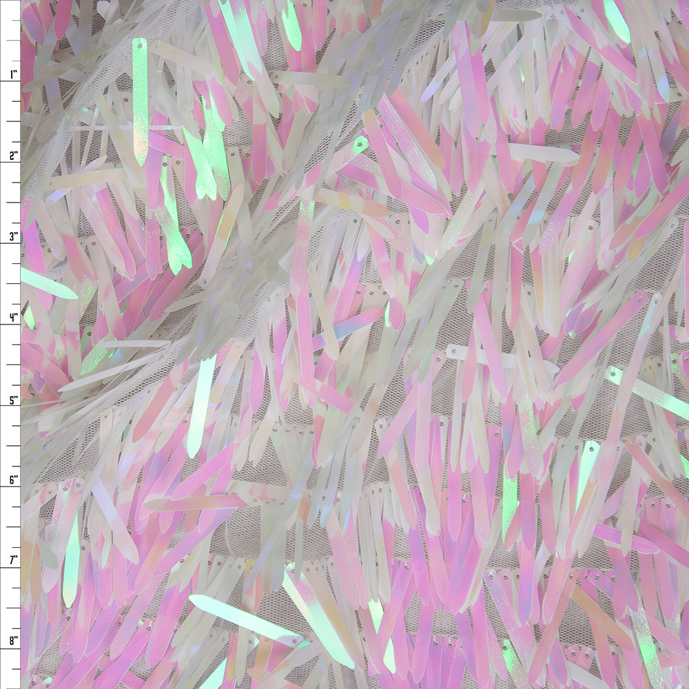 Cali Fabrics White Iridescent Fringe Sequin Fabric Fabric by the Yard