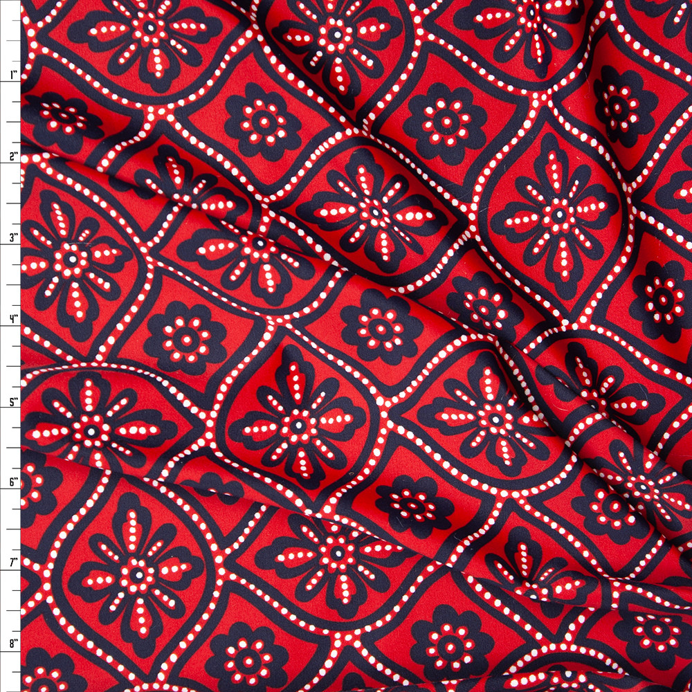 cali fabrics red black and white ornate floral nylon spandex print