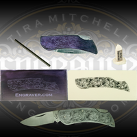 Engraver.com Case Knife Engraving Kit 1 including the knife with a Tira Mitchell Scroll Design applied, graver, graver tip model, practice plate (with design) and study casting (shown inked).  Shown with an actual engraved knife (not included)