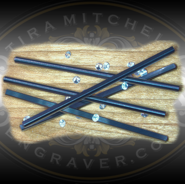 Set of 5 Quick Sharp Carbide Micro Graver Blank for jewelers and hand engravers  Small carbide gravers with a flat index side for fast sharpening and fine detail.   Pictured with 2 mm stones.  1.9 mm x 44 mm.  Only from Engraver.com
