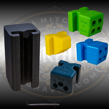 90 and 105 Degree Engraver.com Sharpening System Set shown with the Tower, 90 Degree Block, 105 Degree Block, 55 Degree Face Block, Slimmer and Wrench.