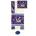 Yair emanuel Embroidered Raw Silk Tallit  - Birds blue TFA-8