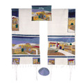 Yair emanuel Embroidered Raw Silk Tallit  - Jerusalem  TFA-3