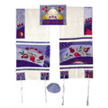 Yair emanuel Embroidered Raw Silk Tallit  - Pomegranates in blue  TFA-5