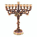 Jeweled Chanukah Menorah 8.8" -Brown w/ Emerald Stones (M-6088 )