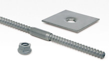Model 4910 Instrumented Rockbolt components (front to back: nut, rockbolt and mounting plate. Please note: the nut and mounting plate are available separately, and on request).
