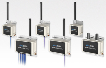 The Model 8910 Series includes the LoRa Single-Channel VW Logger, 8-Channel VW Logger, Addressable Logger, Digital High Power (DHP) Logger,  Tilt Logger,  and Gateway (left to right).