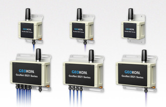The Model 8921 Series Cellular Data Loggers include the Single-channel VW, Addressable, and Tilt Data Loggers (top, left to right), and the 8-channel VW, 4-channel Analog, and Digital High Power Data Loggers (bottom, left to right).