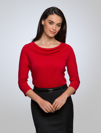 City Collection Red Eva 3/4 Sleeve Cowl Neck Top