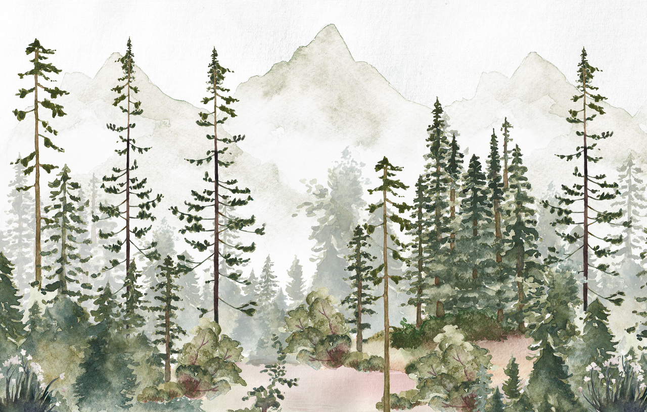 Watercolor Mountains Pine Tree Forest Peel and Stick Wallpaper Nursery  Décor Fabric Woodland Decal - Custom Sizes and Colors Mural #3195