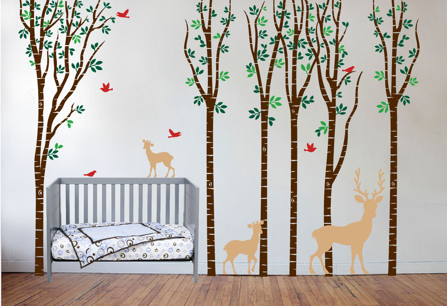 Birch Tree Forest Set Vinyl Nursery Wall Decal Deer 1264