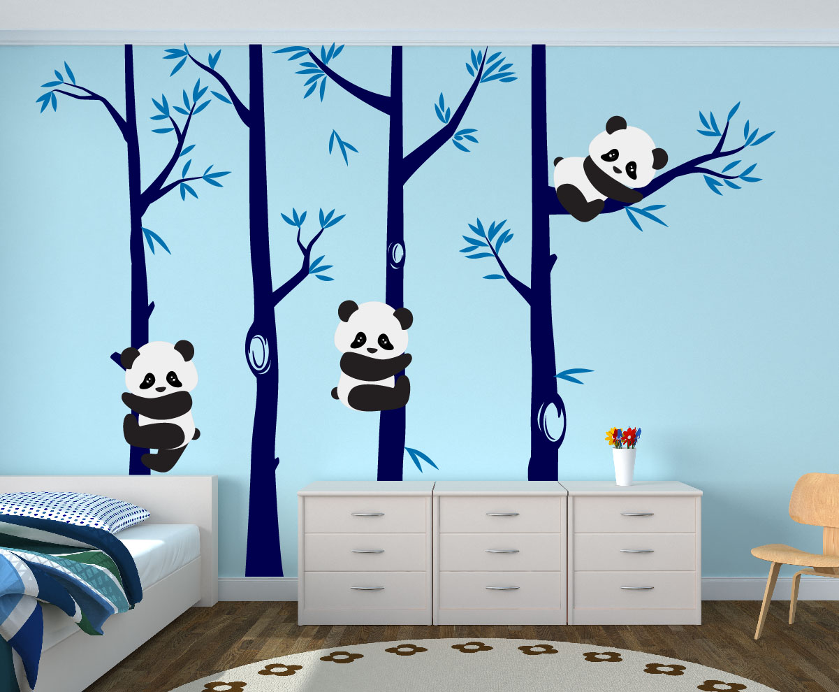 BIBITIME Black&White Mother Baby Pandas Eating Bamboos Wall Stickers Decor for Bedroom Vinyl Decals