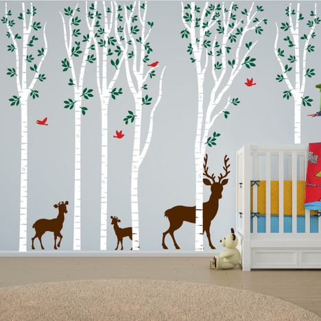 birch tree forest set vinyl nursery wall decal deer #1264