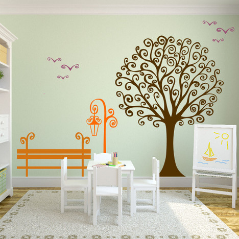 Swirl Tree Outdoor Scene Park Bench Birds Nursery Wall ...