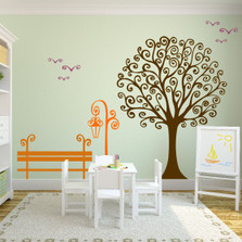 Swirl Tree Outdoor Scene Park Bench Birds Nursery Wall Decal Set #1343