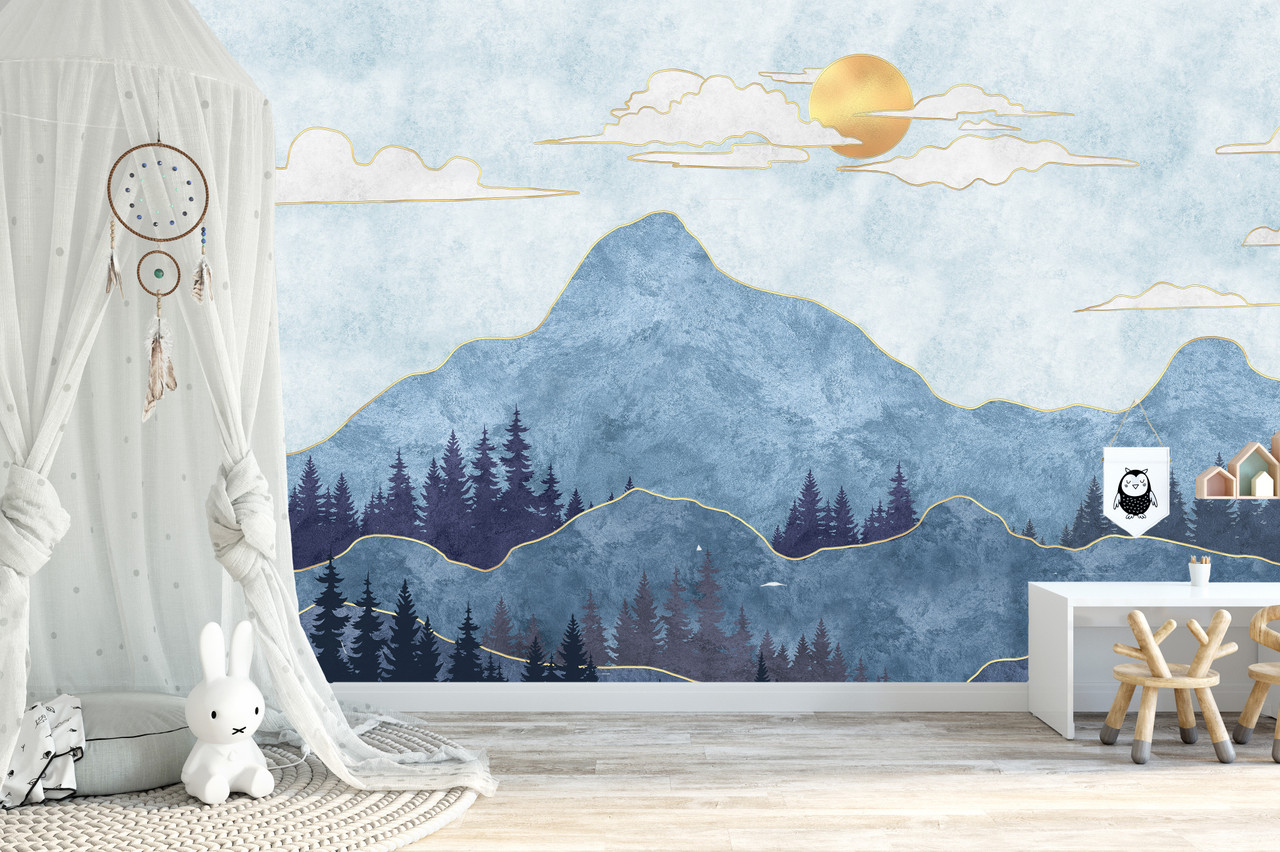 Mountains Forest Peel and Stick Wallpaper Mural Tree Pine Sun Décor Nursery  Watercolor Wall Art - Custom Sizes Mural #3146