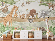Watercolor Jungle Safari Animals Tree Peel and Stick Wallpaper Self Adhesive Nursery Décor Fabric Tropical Decal - Custom Sizes Mural #3225