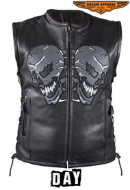Dream Apparel Mens Leather Vest With Reflective Evil Skulls