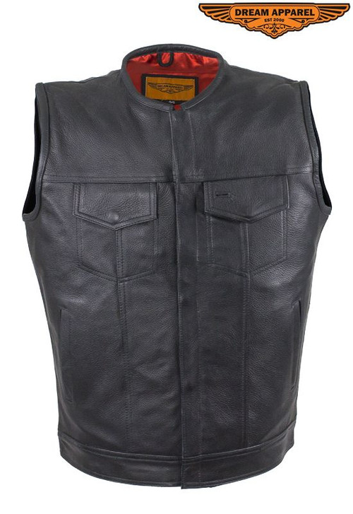 Men's No Collar Leather Motorcycle Club Vest with Red Liner