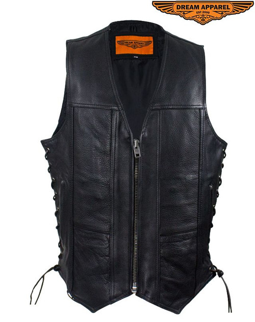 Dream Apparel Mens Plain Leather Vest With Zipper Front