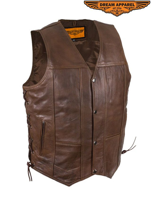 Dream Apparel Men's 10 Pocket Brown Leather Vest