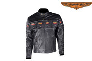 Dream Apparel Mens Racer Leather Jacket W/ Flaming Reflective Skulls 