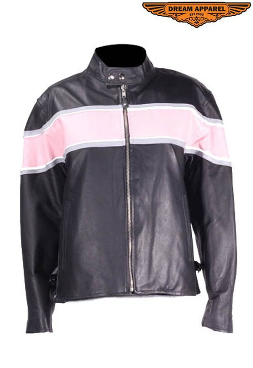 Dream Apparel Womens Racer Jacket With Dbl. Pink Silver Stripes