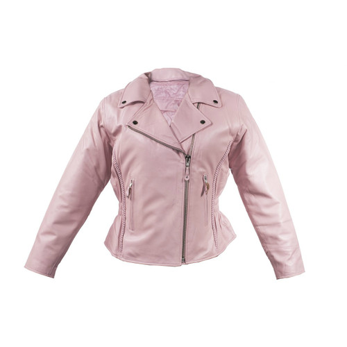Ladies Heavy Duty Soft Leather Pink Jacket w/ Braid
