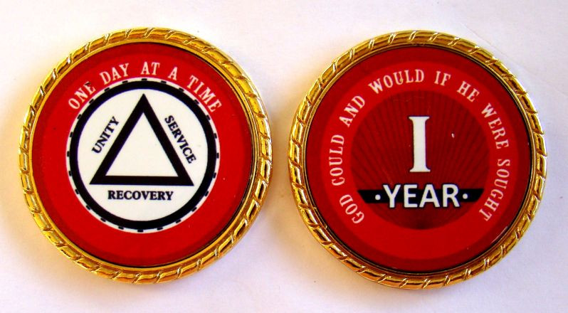 Alcoholics Anonymous Gold Rope Edge Sobriety Coin Roman Numerals Red