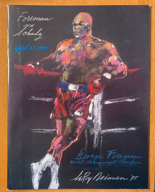 On April 22, 1995 World Heavyweight Champion George Foreman defended his title against Axel Schulz at the MGM Grand Casino in Las Vegas, Nevada.  This official program displays George Foreman on the cover in a LeRoy Neiman rendition, 34 pages with photos.  Program shows slight shelf wear.  Size: 8 1/2 x 11 - Buyer will receive actual program displayed in our images.