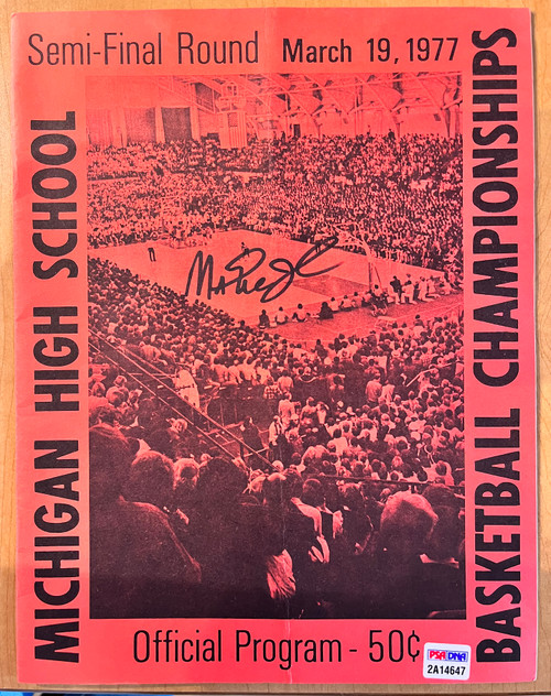 THIS is a rare semi-final round program (3/19/77) from that 1977 season that has been signed by Magic Johnson. The signature is PSA authenticated with numbered hologram on the program and matching PSA certificate of authenticity.