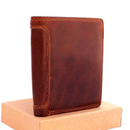 Genuine italian oiled Leather Men's wallet Trifold luxury bright brown 6 credit cards slots id windows zipper case daviscase