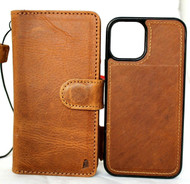 Genuine Tan Leather Case For Apple iPhone 13 PRO Book Wallet Vintage ID Window Credit Cards Slots Soft Cover Magnetic Detachable Top Grain Davis