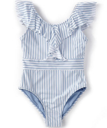 Habitual Girl Blue Stripe Ruffle Shoulder Swimsuit