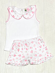 Lily Pads White Picot Trim Top with Pink Flower Short Set