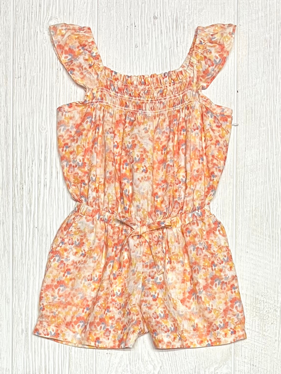 Bella Dahl Peach Floral Ruffle Sleeve Smocked Romper Lily Pads