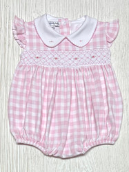 Magnolia Baby Pink Checks Smocked Collared Flutter Bubble