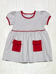 Squiggles Grey Mini Stripe with Red Pockets Dress