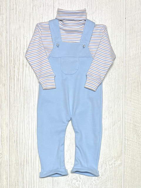 Squiggles Khaki/Blue Stripe Button Overall with Turtleneck