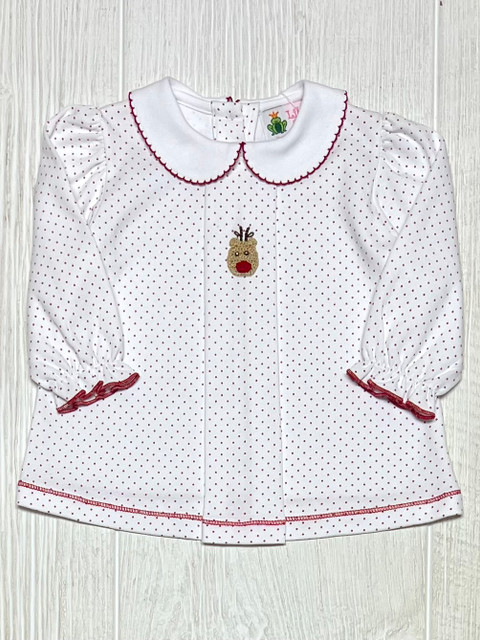Lily Pads Red/White Rudolph Head L/S Ruffle Top