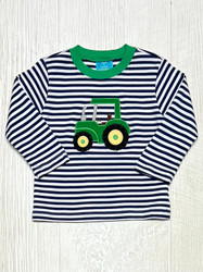 Claire & Charlie Navy Stripe Tractor Applique Knit Boys Tee
